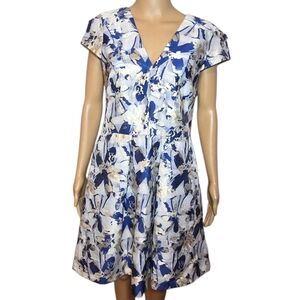 Vince Camuto Dress Floral Metalic Fit Flare Blue White Gold Womens Size 10